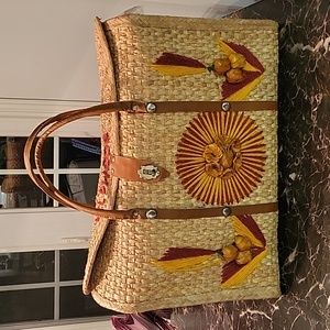 Vintage Straw Woven Rattan Shopper Tote Beach Bag w 3D  Flowers Mexico